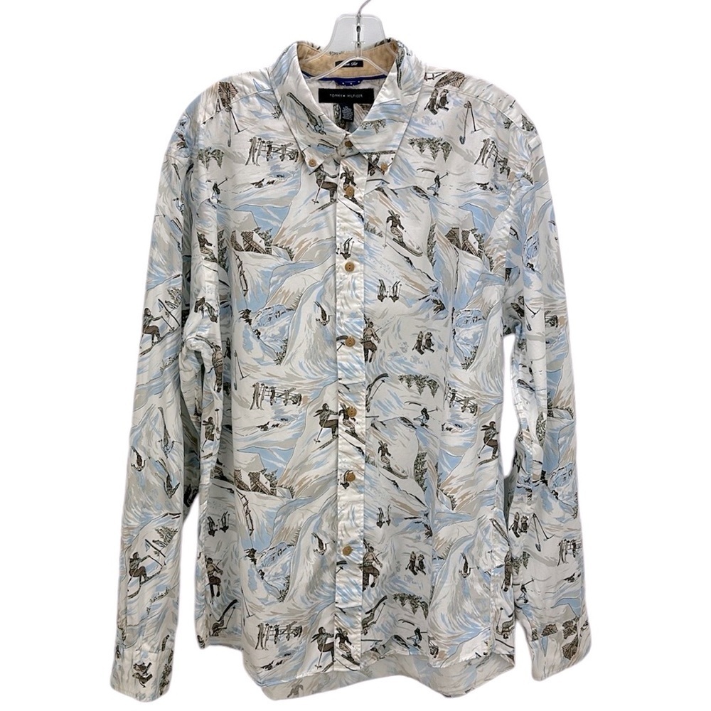 Tommy Hilfiger Snow Ski Lodge Print Button Down Slim Fit Shirt XL Long‎ Sleeve